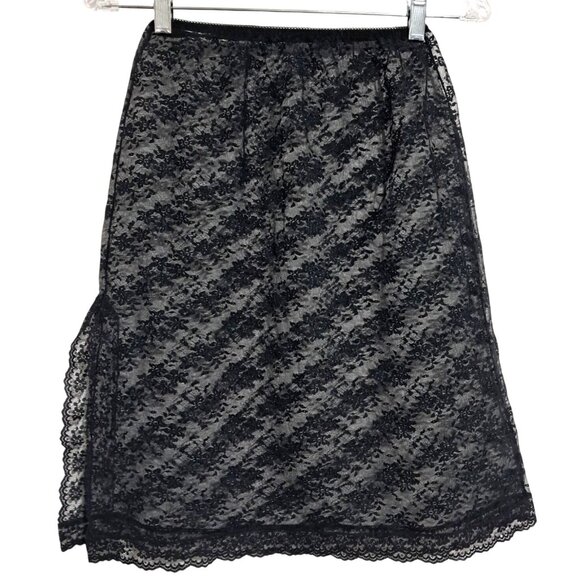 VIntage Black Lace Half Slip Knee-Length Skirt Sheer With Elastic Waistband & Fl - Picture 1 of 7